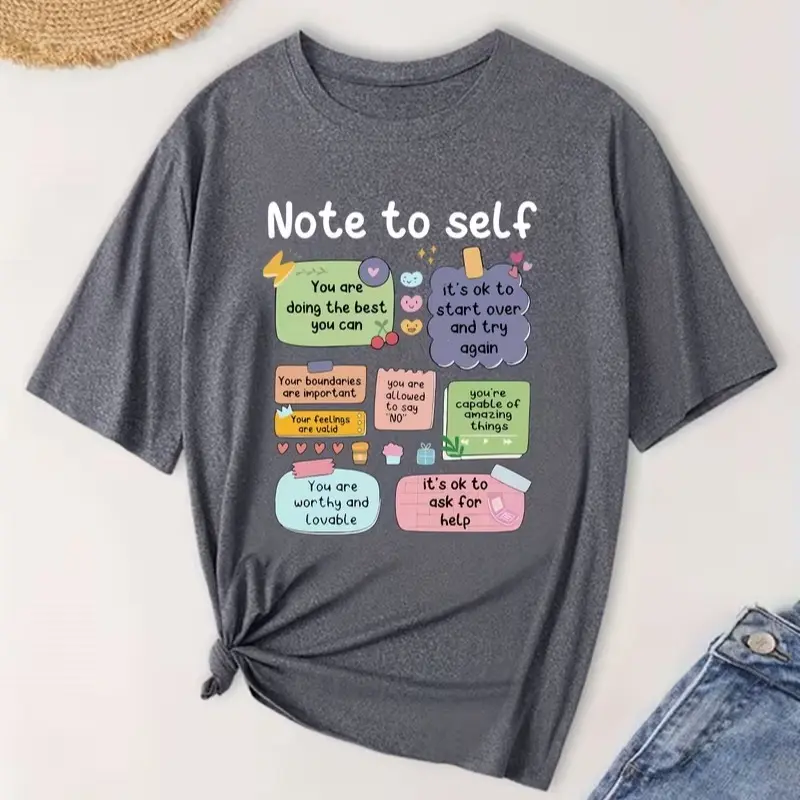 Note To Self Positive Affirmations Graphic Tee Cute Sticky Note Mental Health Oversized Grey Casual Women’s Self Love T-Shirt