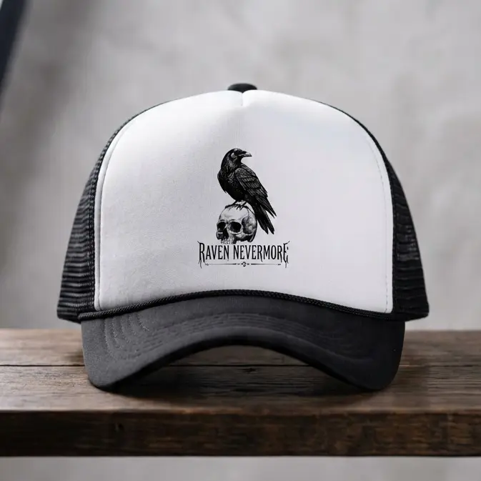 RAVEN NEVERMORE Skull Graphic Dad Hat,Trucker Hat,and Baseball Cap - White Black Mesh Back Curved Brim Plastic Snapback,Edgy Gothic Summer Beach Essentials,Gorras para Hombres,Dad Style Cap,4th of July Gift,Skull Cap for Men