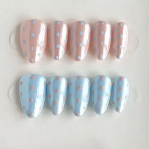 EclatNails 10Pcs Handmade Press On Nails, Baby Blue & Nude Polka Dot Design, Cute Minimalist Almond False Nails, Reusable Removable Fake Nails for Women & Girls, Ideal for Daily Casual Wear