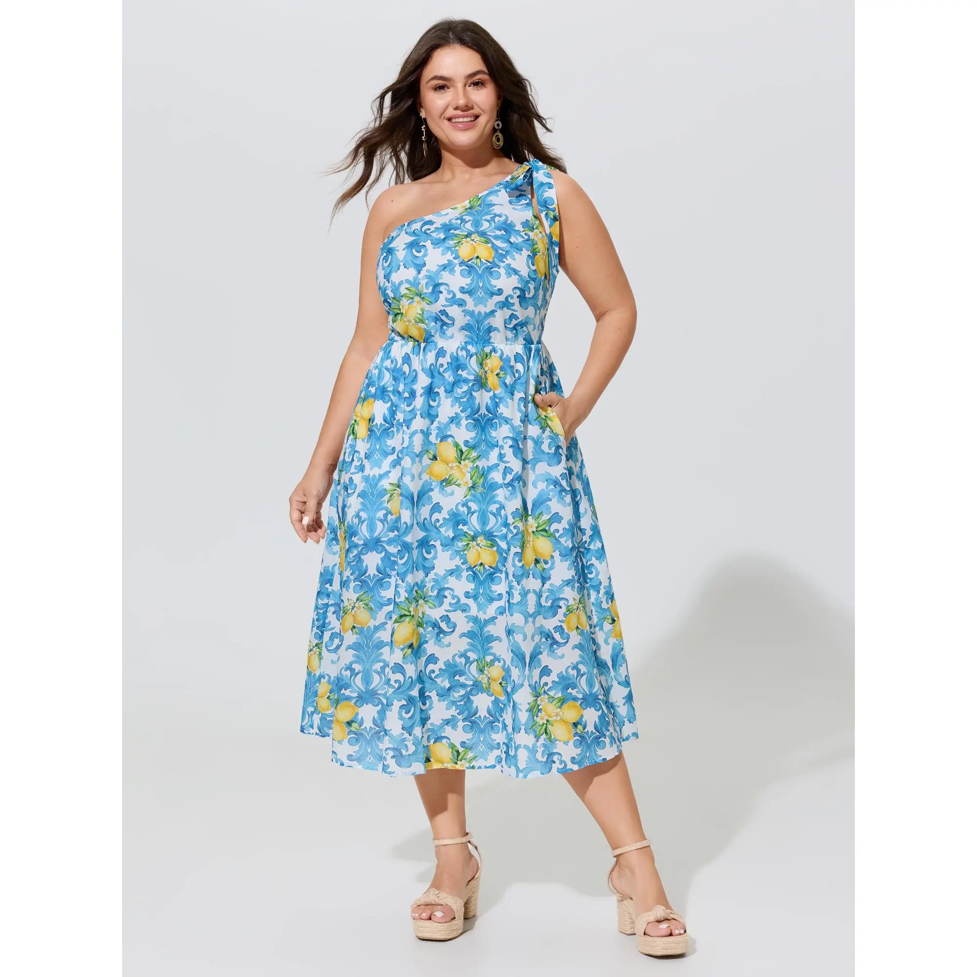 BLOOMCHIC Women's Plus Size Cotton Lemon Baroque Print One Shoulder Midi Dress[M-6X] 2026 Summerfinds