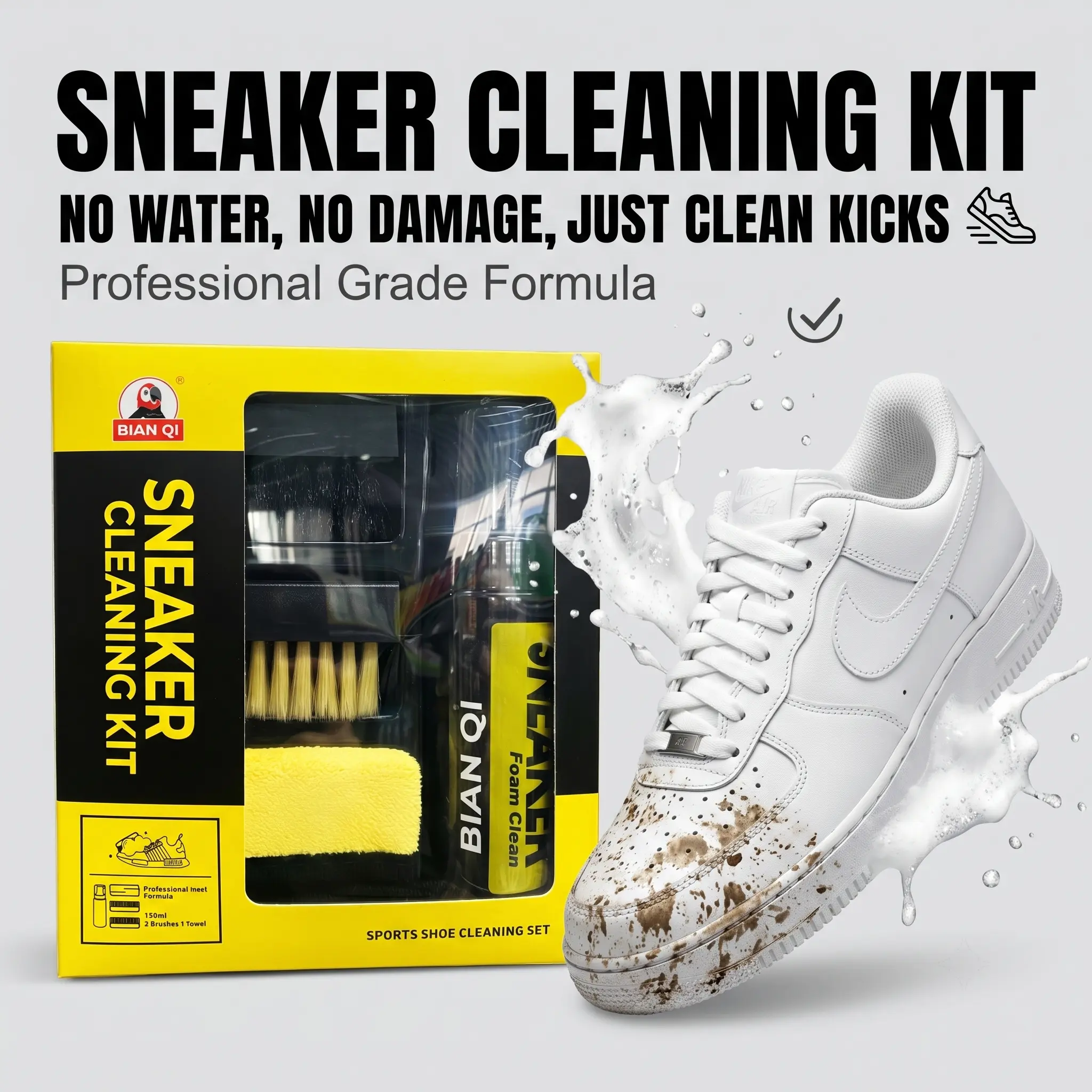 Sneaker Cleaning Kit 150ml - No Wash Foam Cleaner with Dual Brushes & Towel, Natural Formula, Safe for White Shoes, Leather, Mesh & Suede Shoes