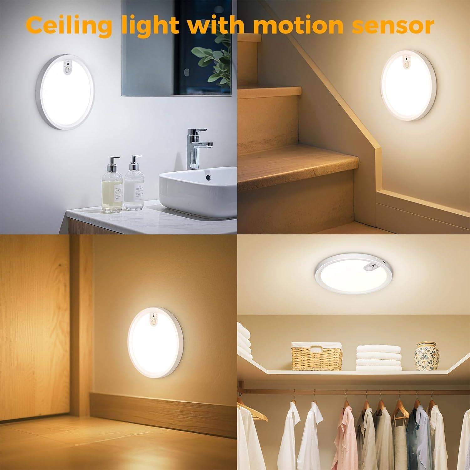 Rechargeable Ceiling Light , 3 Color Modes, Motion Sensor with Remote, Wireless Battery-Operated Magnetic LED Lights for Shower, Closet, Pantry, Shed, Hallway, Porch, Garage