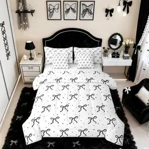 Black and White Bowknot Comforter Set,Bow Dreamy Princess 7 Pcs Bedding Set,Princess Galaxy Stars Bedding Comforter Sets Fitted Sheet Flat Sheet
