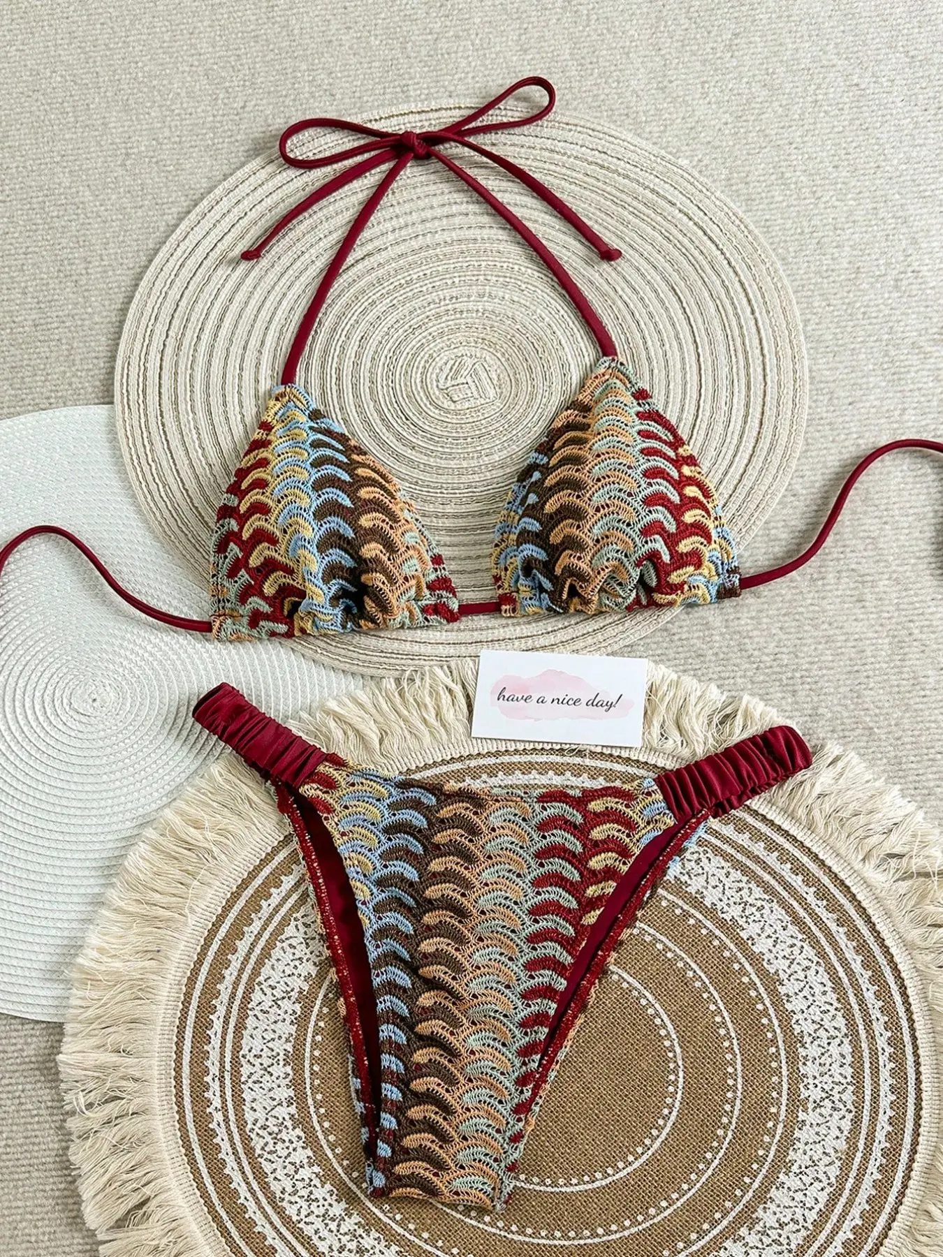 Summer New Women's Bohemian Style Belted Bikini Set, Special Fabric Casual Beach Vacation Swimwear, Fashionable and Comfortable, Tie Back Bikini, Bikini Swimsuit, Beachwear Swimsuit, Summer Swimsuits, Stylish Bikini Set