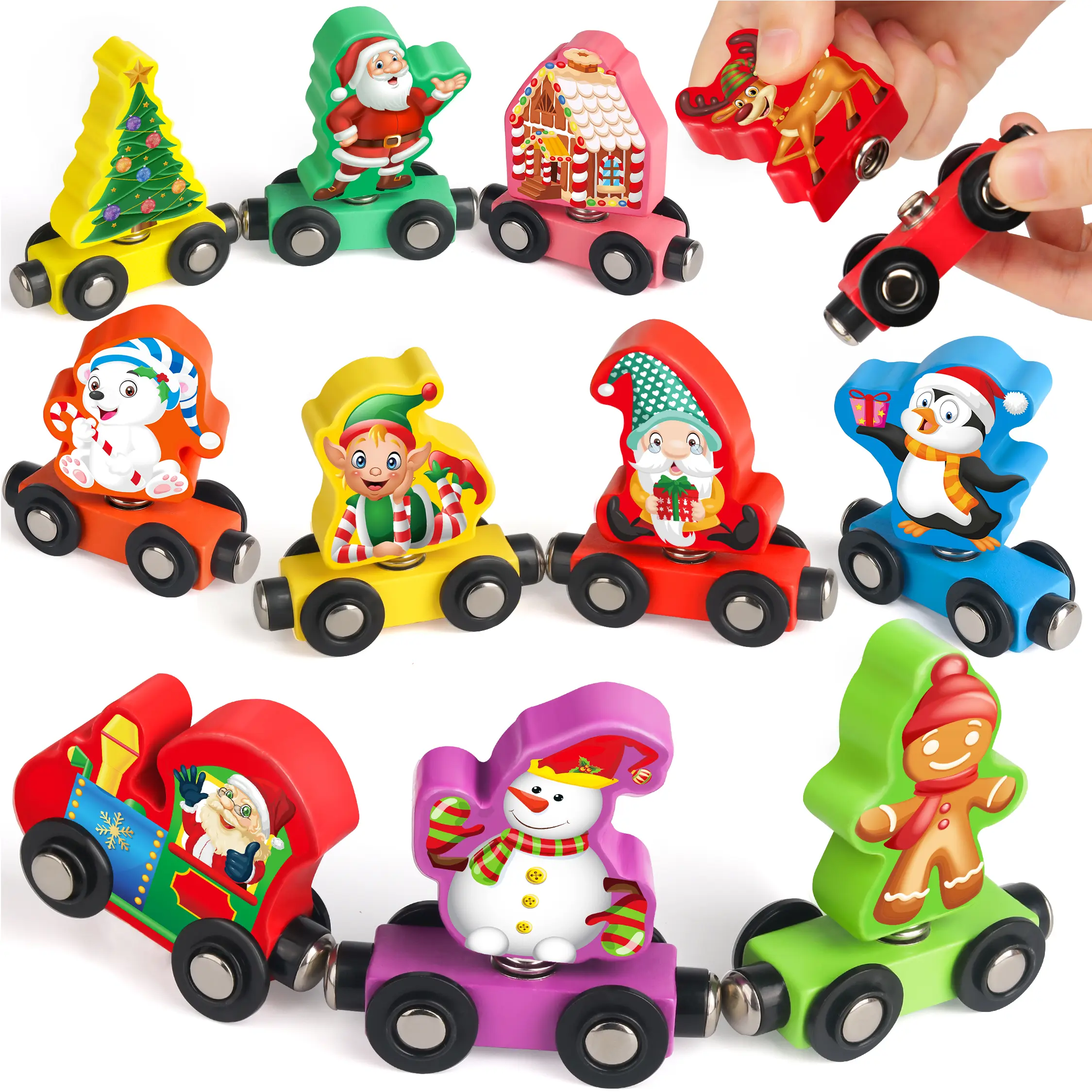 Vanmor Wooden Christmas Train Set, Snap-Connection Holiday Train, Color Matching and Magnetic Train Learning Toys, Fine Motor Skill Educational Toy Christmas gifts for 3 4 5 Years Old Kids