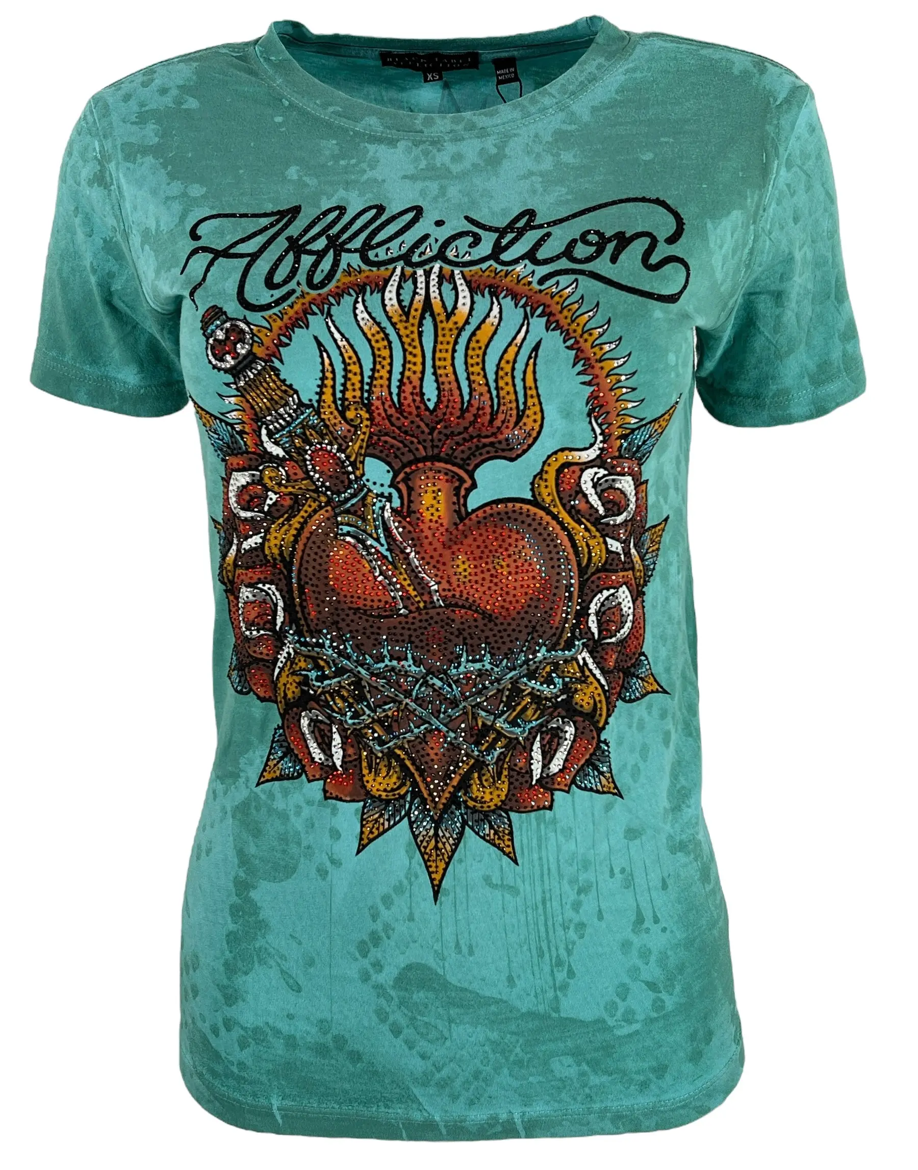 Affliction Women's T-Shirt - Queenie Rae Gothic Biker Graphic Cotton Top, Fitted Crew Neck in Sea Foam, Tops, Round Neck