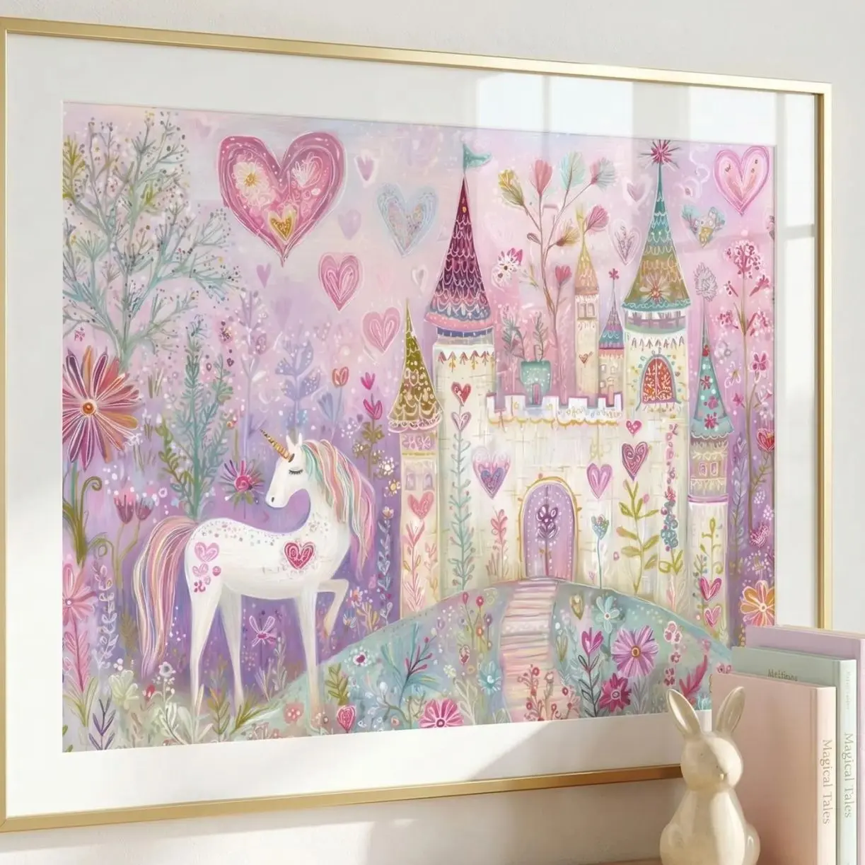 Unicorn Nursery Wall Art Pink Castle Poster Magical Girls Room Decor Print Y