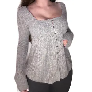 shirt casual shirt casual Vintage-Inspired Y2K Baby Doll Knit Sweater Top with Square Neckline and Button-Up Front-=%2=-=%2= Clothing Feminine-=%2=-=%2=-=%2= shirt=%2=