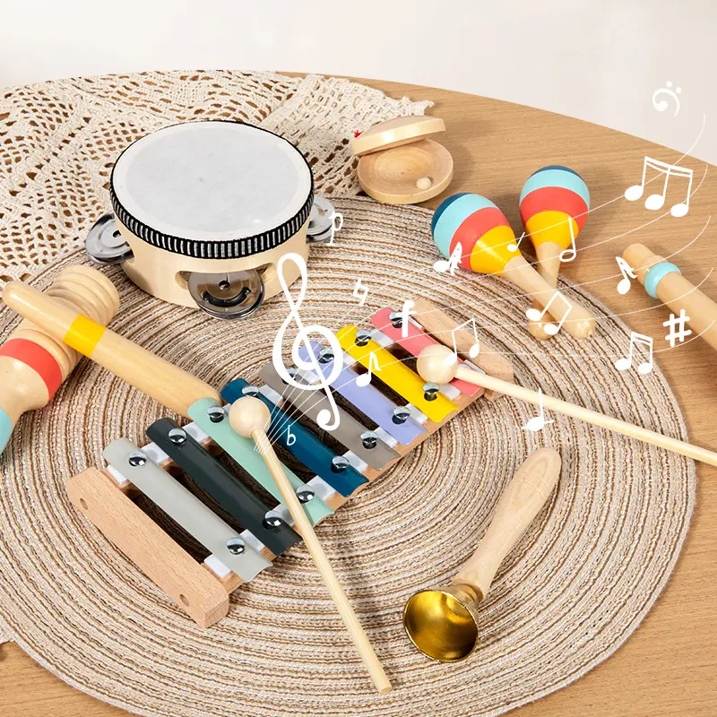 Baby Musical Instruments-Montessori Wooden Toys for Toddlers | Neutral Colors Percussion Instruments Set with Modern Boho Xylophone for Kids Preschool Educational