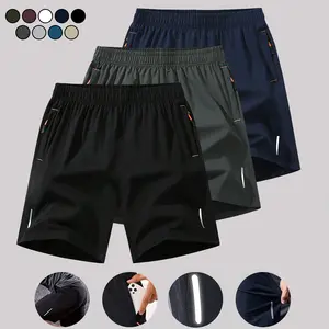 Men’s 3-pack outdoor sports shorts, quick-dry reflective design; running fitness shorts, lightweight and breathable with pockets; fitness shorts suitable for outdoor workouts.
