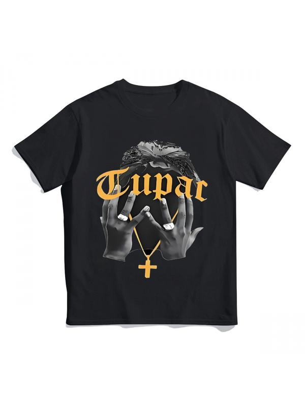 [Black and white, plus-size womens clothing] [1pc Tupac T-Shirt] Tupac Printed 1pc Womens T-Shirt | Classic Patterns with Hip-Hop Culture | Perfect Holiday Gift