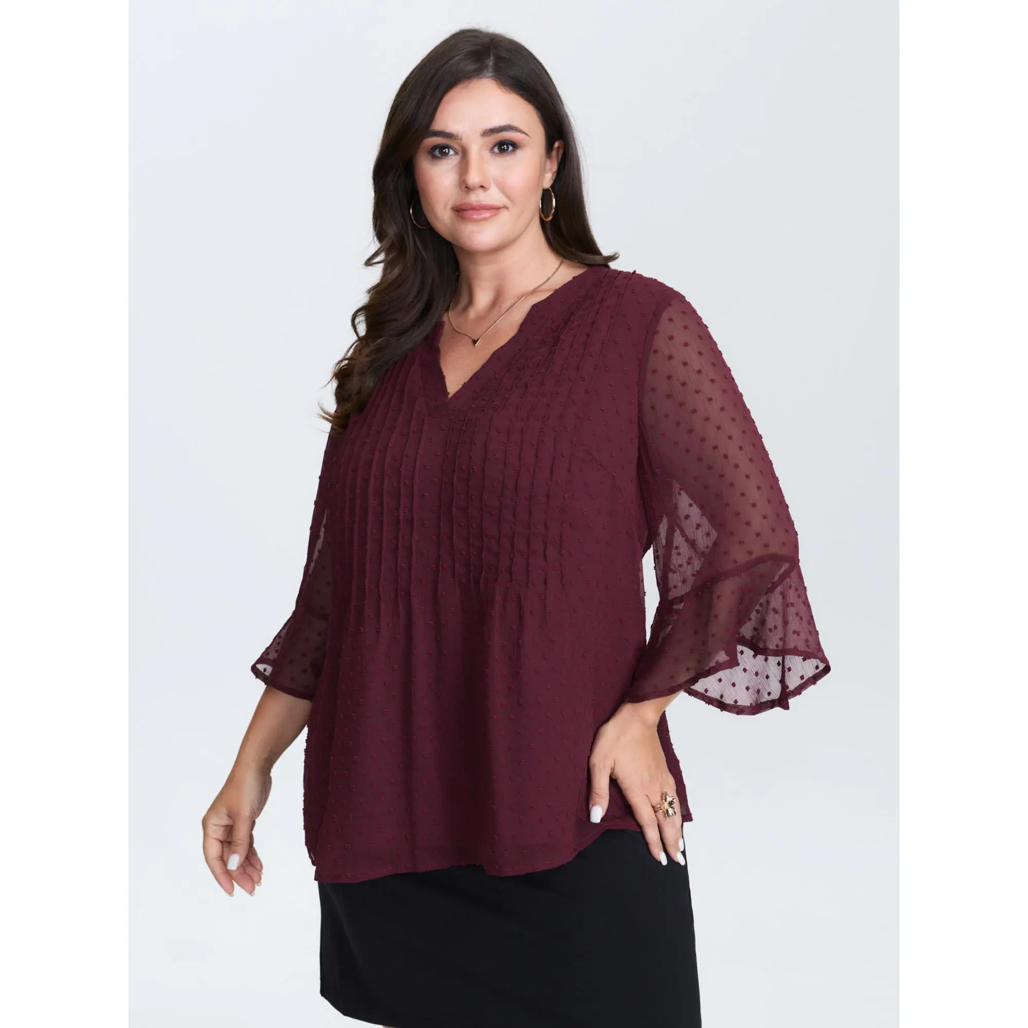 Women's Plus Size Timeless Blouse with V-Notch Collar and Ruffle Sleeves, Casual Textured Smooth Polyester Garment