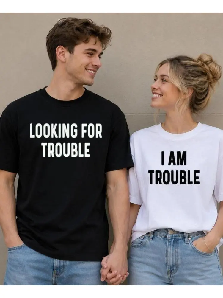 Couple T-Shirts ,Looking for Trouble & I Am Trouble Matching Couple T-Shirts, Funny Graphic Tees, Anniversary Gift for Him and Her,Soft 100% cotton Fabric,Casual Top,Unisex fit