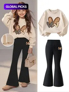 Girls' Fall Winter Heart Print Sweatshirt Set, Fitted Flare Pants, Preppy Style, Moderate Fabric, Regular Length, Outdoor Casual Wear, Outfit
