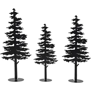 Farmhouse Metal Pine Tree Decor - Rustic Cabin Woodland Forest Accent Fireplace Centerpiece Living Room Bedroom Bookshelf Christmas Decorations Set of 3 (Black)