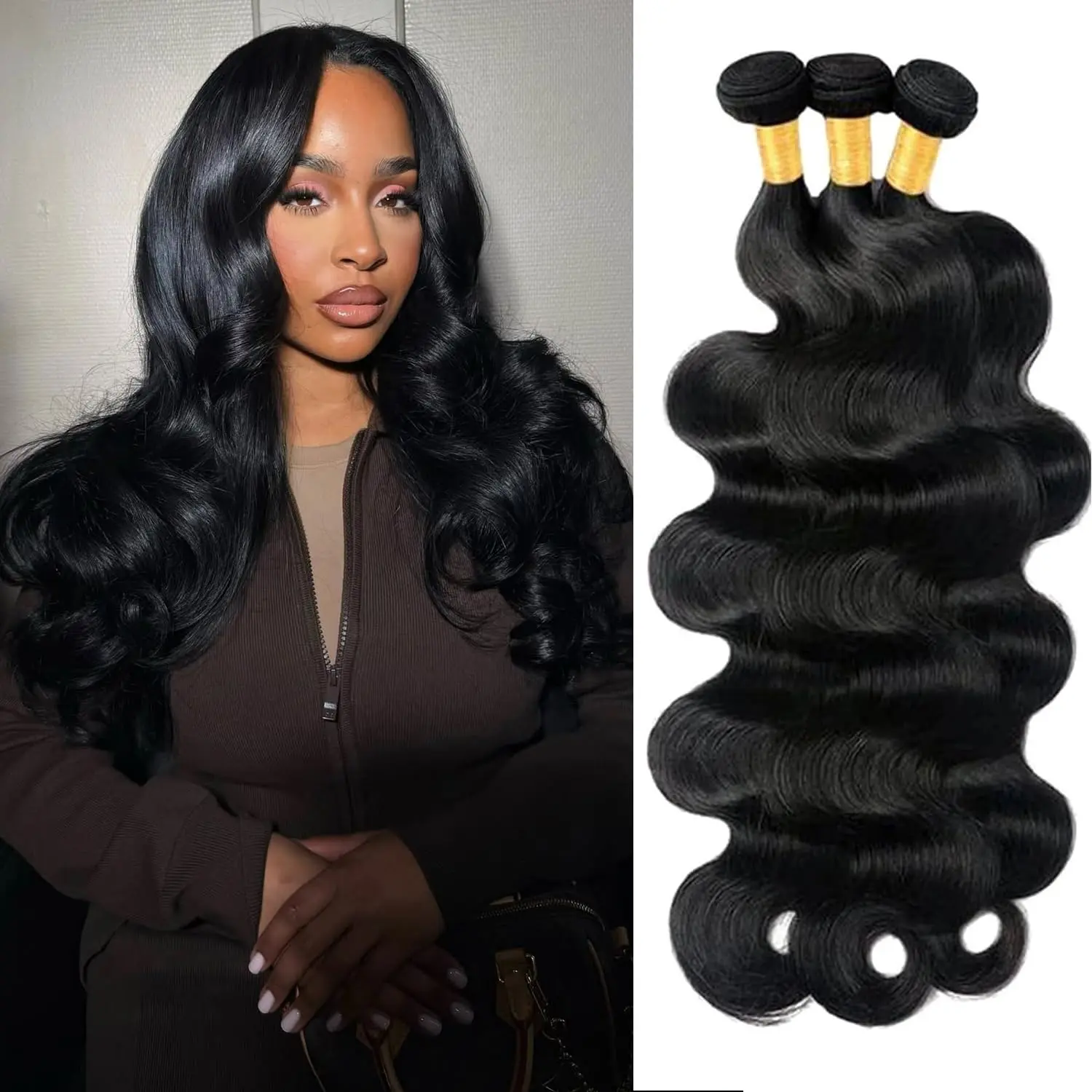 Human Hair Bundles 14 14 16 16 Inch Body Wave Bundles Human Hair 100% Unprocessed Brazilian Virgin Body Wave 3 Bundles Human Hair Extensions for Black Women Natural Black Sungirl