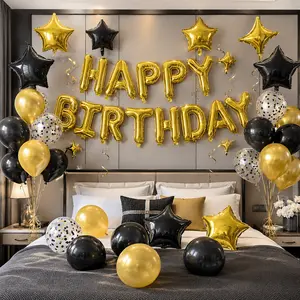 56PCS Black Gold Birthday Decorations Set, Happy Birthday Foil Balloons, Star Balloons, Black Gold Latex Balloons, Confetti Balloons, Hanging Swirls & Ribbon for Men Women Adult Birthday Party Decor