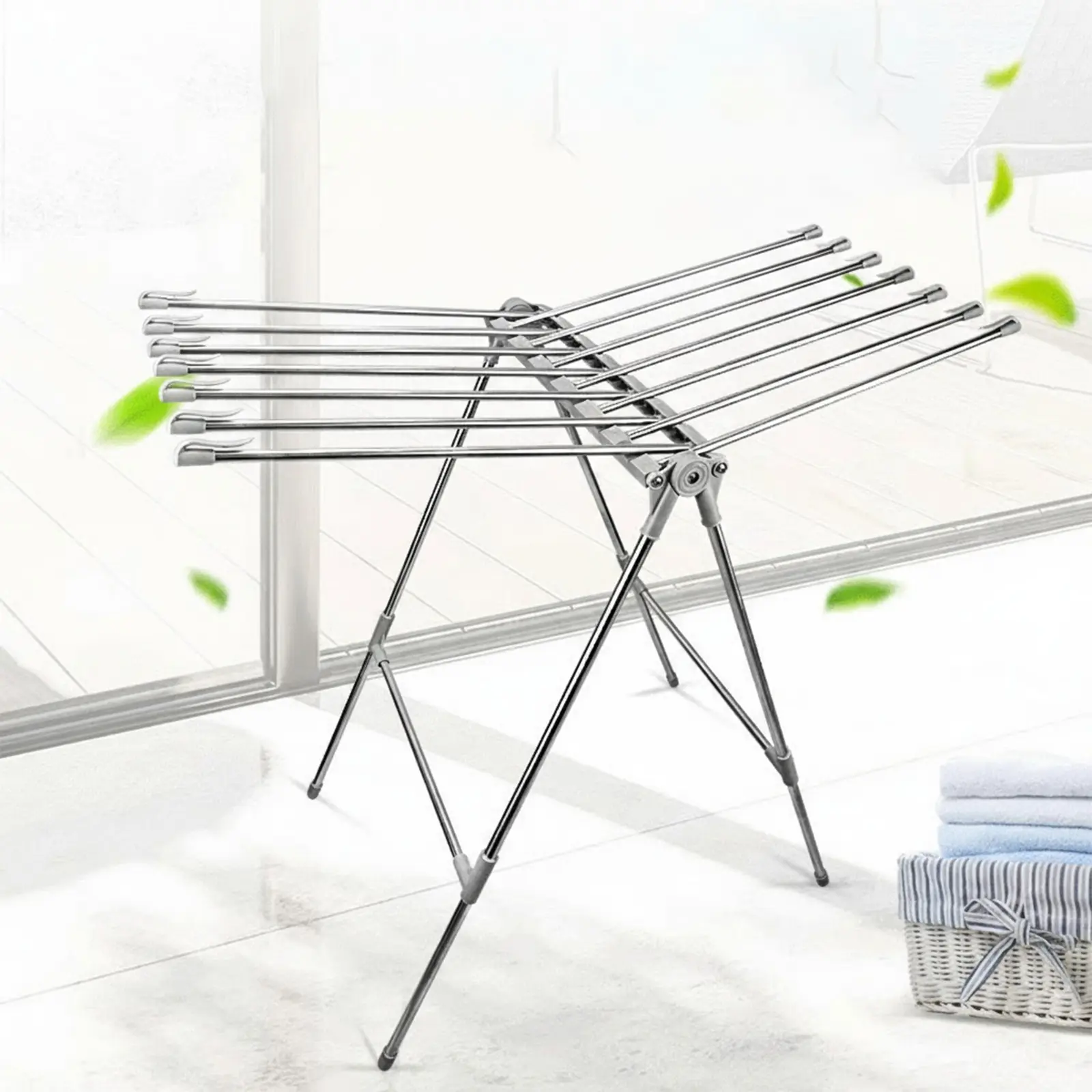 Stainless Steel Freestanding Winged Foldable Laundry Drying Rack - 84cm Large Capacity Universal Home Laundry Tool, Height-Adjustable, Lightweight, Ventilated, Heavy-Duty, Rust-Resistant, Waterproof, Windproof, Non-Slip, Hangable for Balcony/Outdoors