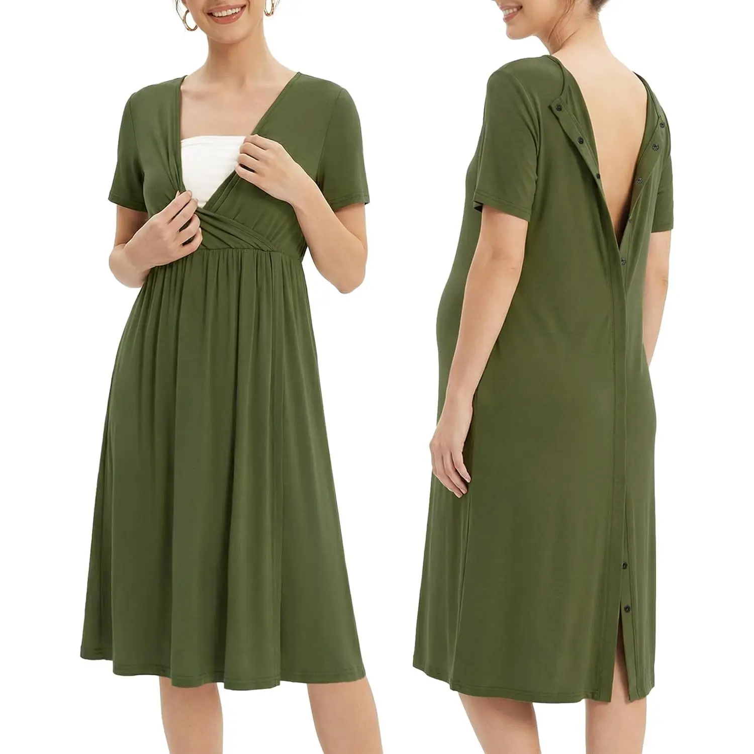 OUGES Stain-Resistant Fabric Maternity Hospital Gown - Wrap V-Neck, Snap-Down Back Nursing Nightgown for Labor/Delivery, Prenatal Clothing, Breastfeeding Clothes, Soft Nursing Dresses, Maternity Outfits, Nursing Dresses Breastfeeding