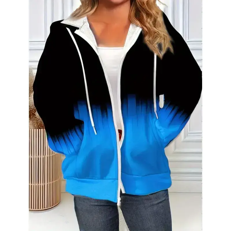 Plus Size Ombre Hooded Casual Jacket, Polyester Knit Fabric with Slight Stretch, Zippered autumn Fall/Winter Coat Spandex Womenswear Long Sleeve Gradient Pullover Sweatshirts trendy fashion outfit cozy clothes Plus Size Ombre Hooded Casual Jacket, Polyester Knit Fabric with Slight Stretch, Zippered autumn Fall/Winter Coat Spandex Womenswear Long Sleeve Gradient Pullover Sweatshirts trendy fashion outfit cozy clothes