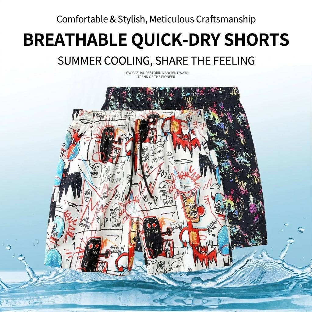 3-Pack Men’s Beach & Board Shorts, Graffiti, Abstract & Camo Prints, Elastic Drawstring Waist, Lightweight Fabric, Multi-Design Set, Ideal for Surfing, Beach Trips, Tropical Vacations, Pool Parties & All-Day Summer Fun