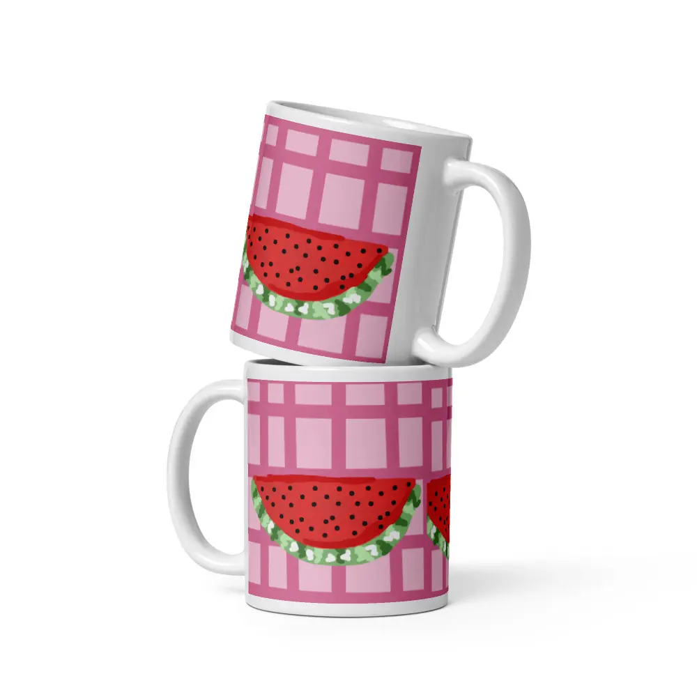 White Watermelon Glossy Mug with Cartoon Design and Hand Drawn Details, Cartoon Design Mugs, Hand Drawn Mugs