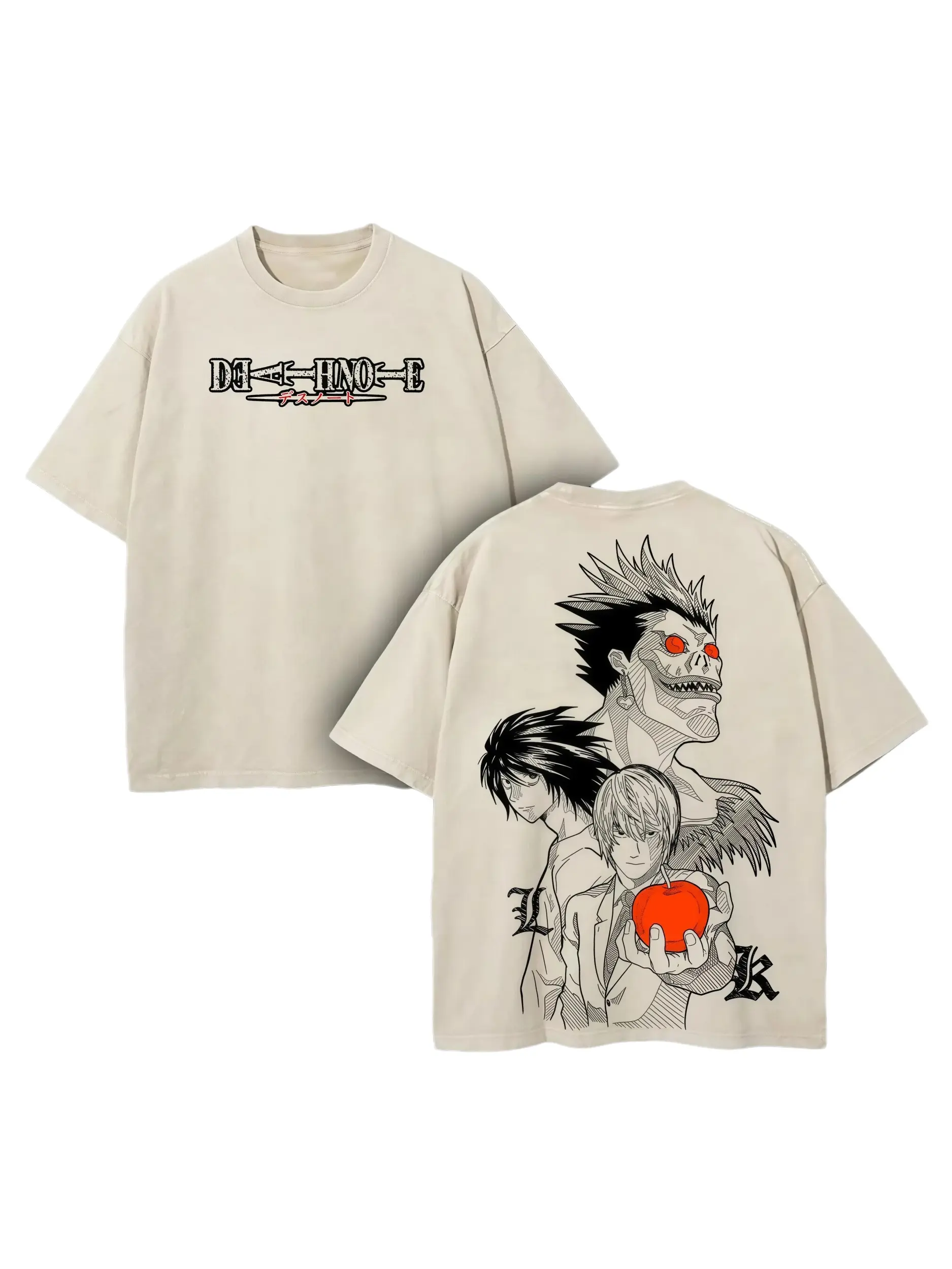 Death Note Ryuk & Light Yagami Retro Washed Heavyweight Cotton T-Shirt. High-Res Graphic Vintage Oversized Tee. Unisex Y2K Mineral Wash Anime Streetwear. Ultimate Father's Day Gift & Casual Top for Manga Fans