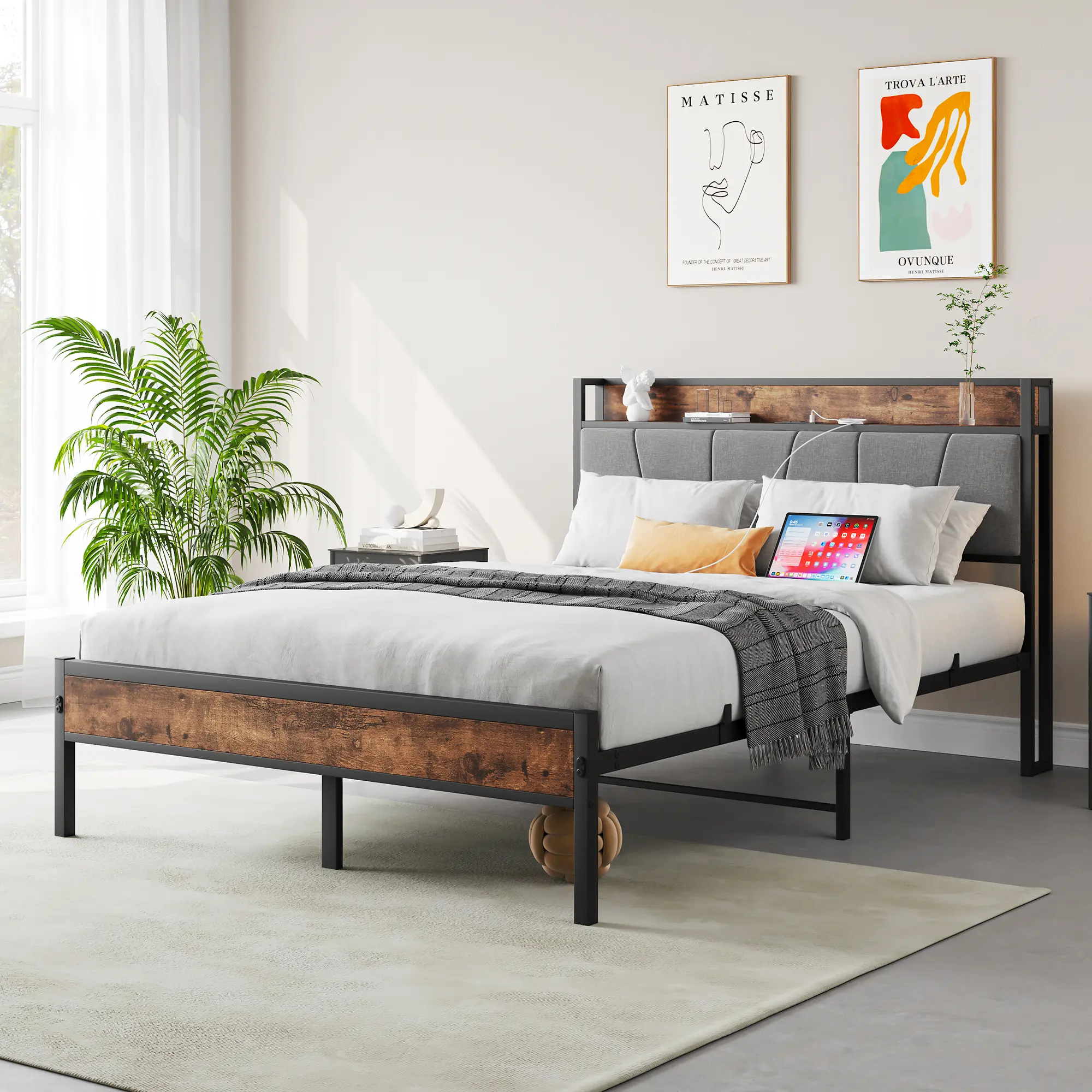 Brown Upholstered Full Size Bed Frame with Storage Headboard, Charging Station, Strong Steel Slat Support, Noise-Free, No Box Spring Needed