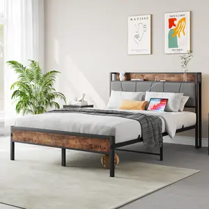 Full Platform Bed Frame with Storage Headboard, Metal Upholstered Bed Frame Full Size with Charging Station, No Box Spring Needed,Strong Steel Slats Support,Noise Free, Brown
