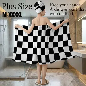 Plus Size M-XXXXL Black and White Checkerboard Print Bath Wrap Skirt & Hair Towel Set, Non-Slip Adjustable Shower Skirt for Bathroom, Spa, Retro Party, Summer Vacation