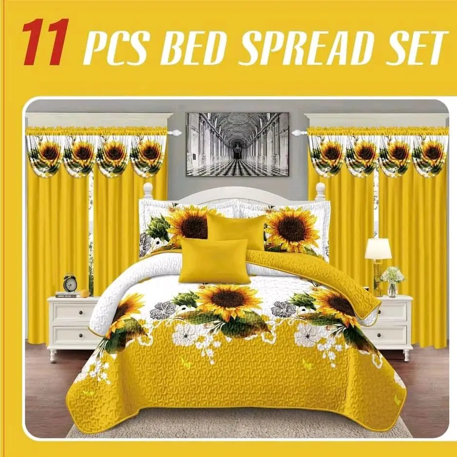 11 Piece Bed Spread Set with Sunflower Design for Cozy Bedroom Decor