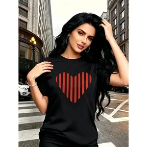 100% cotton, modern minimalist style, red vertical stripes combined into a heart-shaped pattern print, trendy and fashionable, simple round neck, casual and versatile short-sleeve women's T-shirt, suitable for leisure and travel