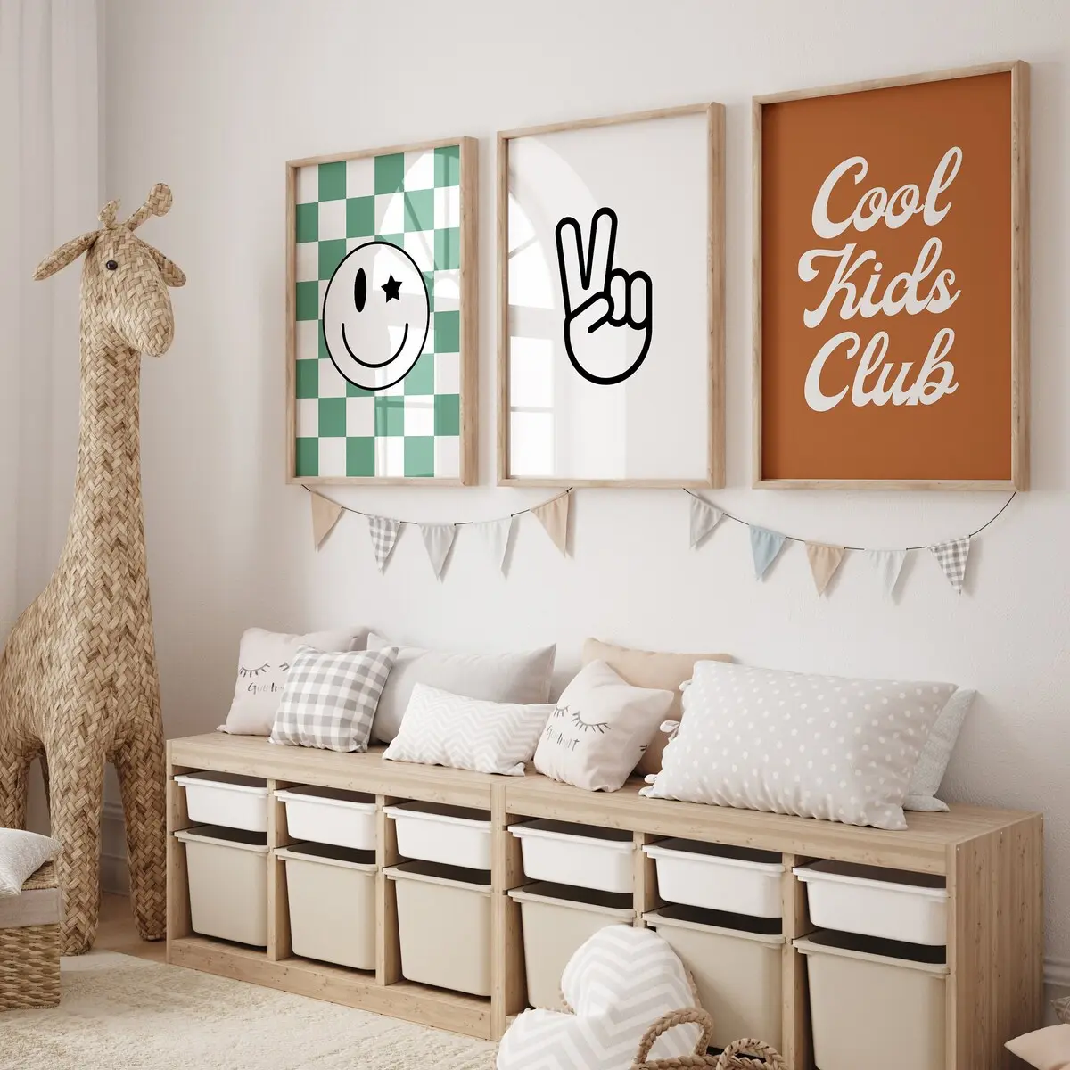 Shared Room, Peace, Retro Cool Kids Club Set 3, Newborn Gift, Baby Boys Kids Room Decor, Checkered Smiley Poster, Beach Nursery, Toddler Poster, Room Decor, Unframed