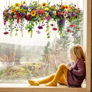Hanging Orchid and Chrysanthemum Decorative Glass Stickers, Rural Style Floral Pattern, Removable PVC Colorful Window Film