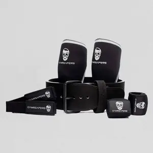 Premium Single Prong Strength Kit by Gymreapers - Black: 10mm Belt, 7mm Knee Sleeves, Wrist Wraps & Lifting Straps Premium Single Prong Strength Kit by Gymreapers - Black: 10mm Belt, 7mm Knee Sleeves, Wrist Wraps & Lifting Straps