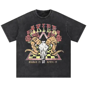 12 Zodiac T-shirt Unisex Vintage Washed Tee Astrology Crewneck Top Horoscope Graphic Tee Star Sign Lucky Charm Birthday Gift Printed Zodiac Sign Clothes Retro Casual Style 100% Cotton Fabric