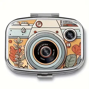 Floral Camera Design Metal Medicine Box, Medicine Organizer, Two Compartments for Easy Storage, Multifunctional Holder for Medicine, Vitamins, Jewelry