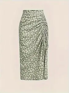 Women's Ditsy Floral Print Ruched Drawstring Split Thigh High Waist Skirt, Elegant Fashion Casual Bodycon Midi Skirt for Daily Outdoor Wear, Women Bottoms for Summer