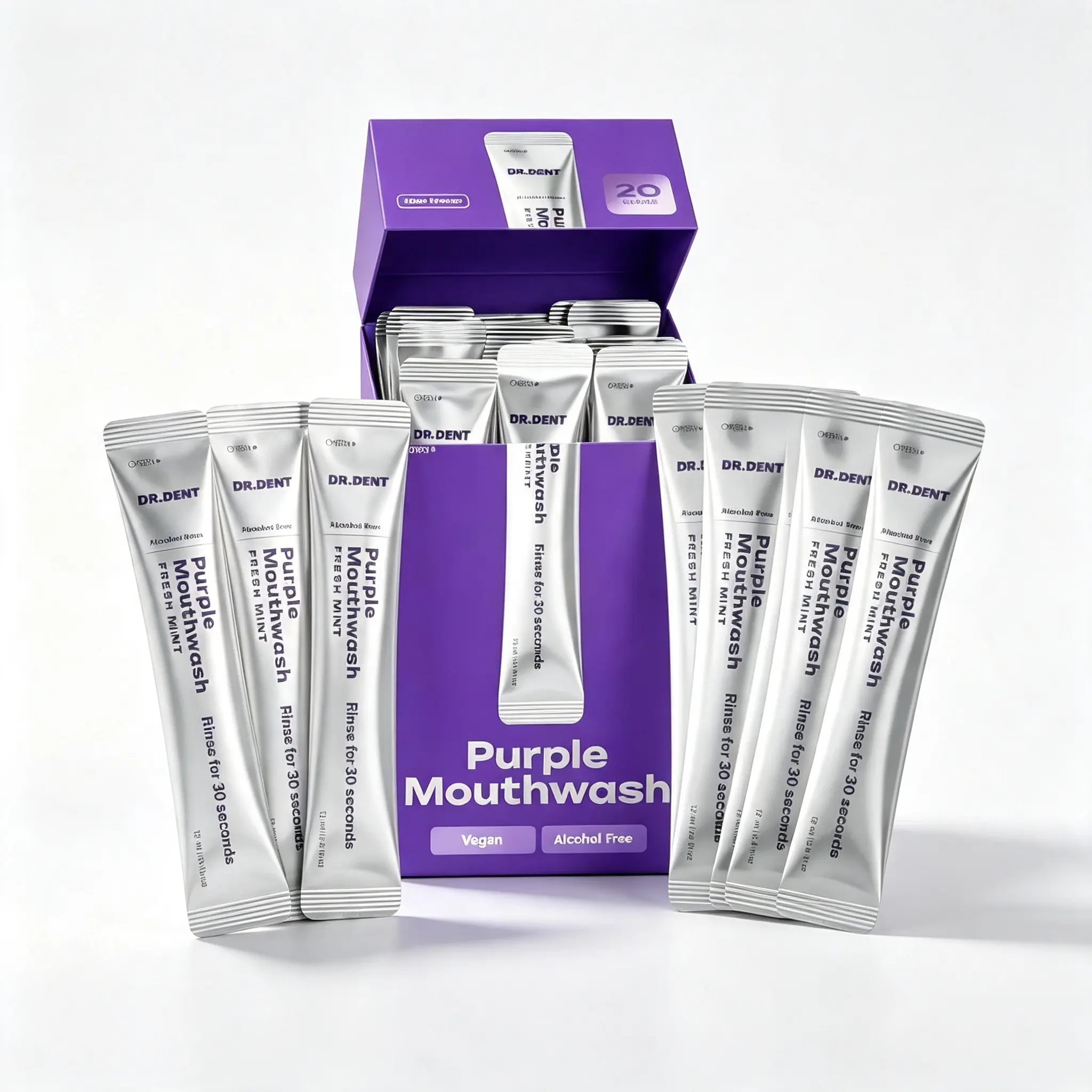 DR.DENT Purple Oral Mouthwash - 20-Pack Single Sachets, Alcohol-Free, Peroxide-Free, Xylitol-Containing Vegan Mint Mouthwash for Oral Care