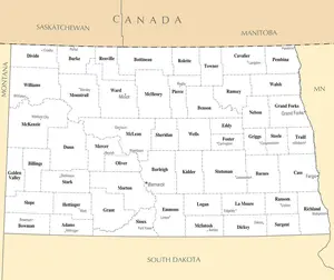 Map of North Dakota ND - County Map with selected Cities and Towns - Peel and Stick Wall Decal