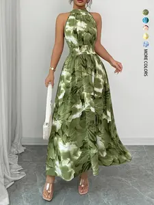 Women's Summer Daily French Resort Style Tie Dye Waist Cinching Back Neck Button Design Halter Sleeveless Dress Home Outdoor City Regular Trendy Casual Elegant Youthful Simple Versatile Textured Stylish Artistic