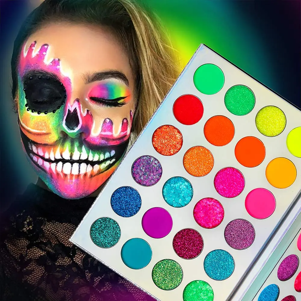 Neon Makeup Palette Eyeshadow, Glow in the Dark Colorful Eyeshadow Palette Highly Pigmented, Neon Party UV Blacklight Eye Shadow Pallet, Red Orange Pink Pressed Glitter Eyes Makeup Palette