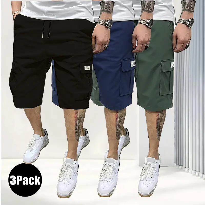 3-Pack Men’s Cargo Shorts Elastic Waist Drawstring Design Multiple Pockets Loose Fit Capri Shorts Summer Casual Outdoor Walking Shorts