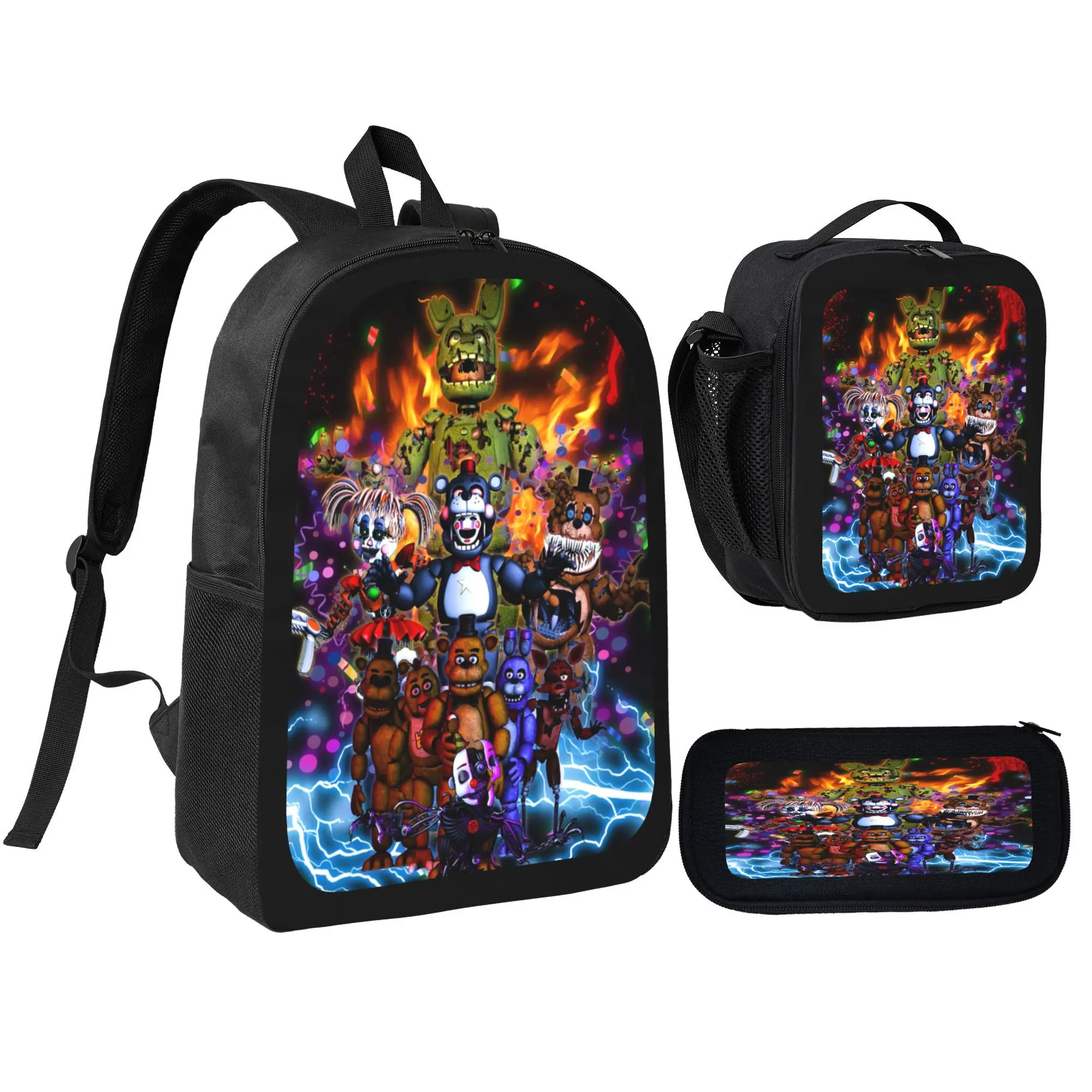 3PCS Five Nights at Freddy's backpack Anime Backpack Daypack Gaming Shoulder Bag Leisure Travel Adjustable Strap Backpacks 17in