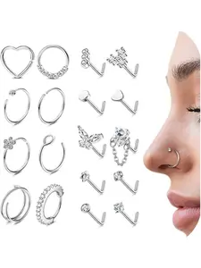 Delicate 18 Pcs Silvery Small Hypoallergenic Nose Rings Hoops Trendy L Shape Copper Stainless Steel Nose Studs for Women Men Cute Heart Square CZ Nose Bone Screw Nostril Piercing Jewelry Set