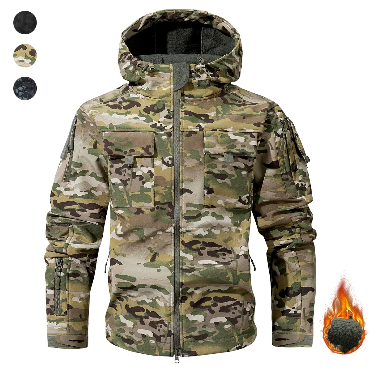 Men's Camouflage Fleece Jacket - Waterproof Hooded Long Sleeve Outerwear with Multiple Pockets for Outdoor & Motocross, Longsleeves