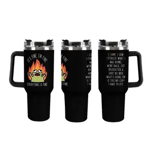 It's Fine Everything Is Fine Tumbler, Funny Frog in Fire Design, Sarcastic Chaos Chaos Cup, 40oz Tumbler with Handle, Relatable Mental Health Gift, Office Humor Travel Mug, Stainless Steel Water Bottle