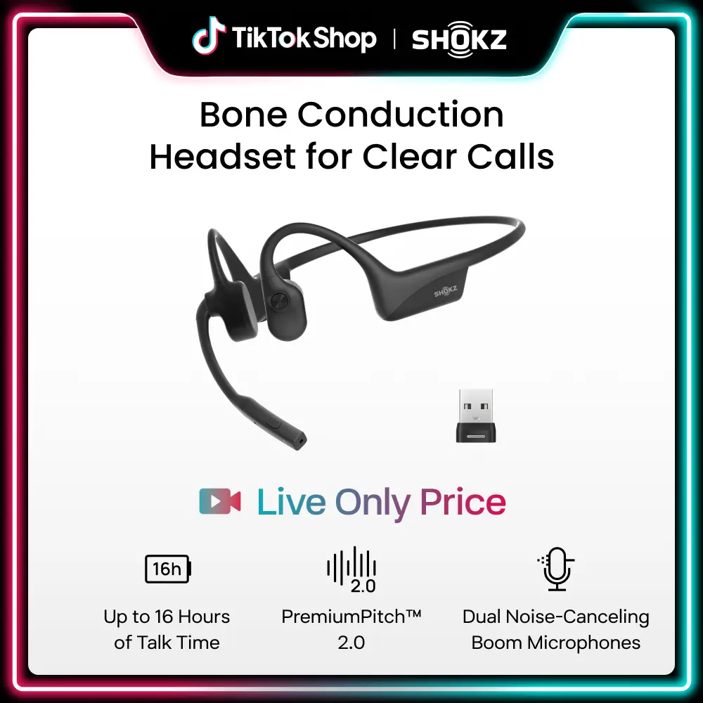 【Live only】SHOKZ OpenComm2 UC 2025 Upgrade - Open-Ear Wireless Computer Headset with Boom Mic, Bone Conduction Bluetooth Stereo Headphones, USB-A/C Dongle Compatible with PC and Mac, Zoom Certified - C120UC