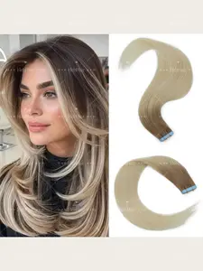 20pcs Gradient Tape-In Human Hair Extensions, Blonde Ombre, Adhesive Tape-On Wefts, Easy Application, Suitable for Women
