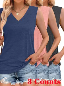 Women's Solid Color V Neck Tank Top, Casual Sleeveless Top for Summer, Ladies Clothes for Daily Wear